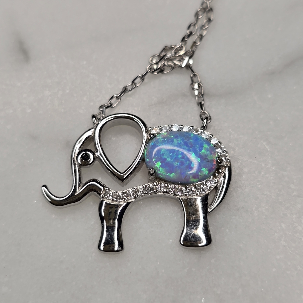 Silver Elephant Pendant Necklace with Ethiopian Blue Fire Opal 18"